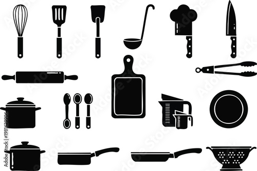 Collection of kitchen utensil silhouette vector icons, perfect for culinary and cooking graphics