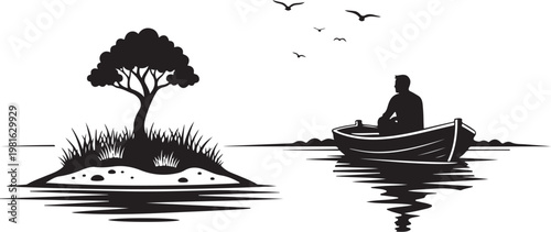 Black silhouette, boat on water, man rowing, peaceful landscape, vector illustration
