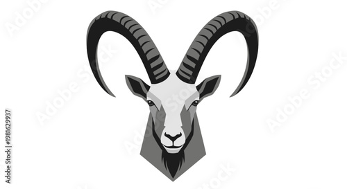 Goat head with large curved horns.