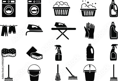 Collection of cleaning and laundry silhouette vector icons representing household chores and cleanliness