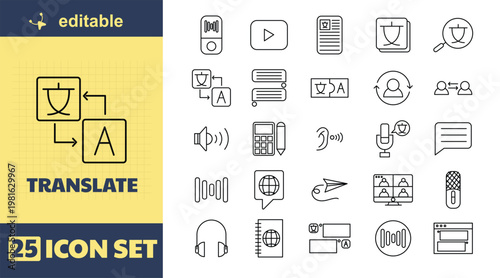 A set of 25 editable translation icons for language and communication