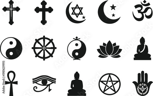 Collection of religious symbols in silhouette vector illustration on white background