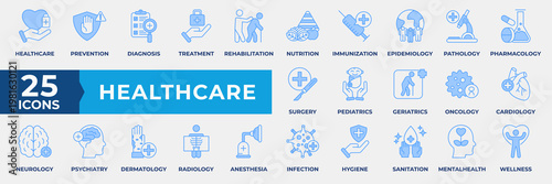 Healthcare Icon Set. Containing healthcare, prevention, diagnosis, treatment, rehabilitation, nutrition, immunization, epidemiology, pharmacology and surgery. Simple Blue Icon Vector Illustration.