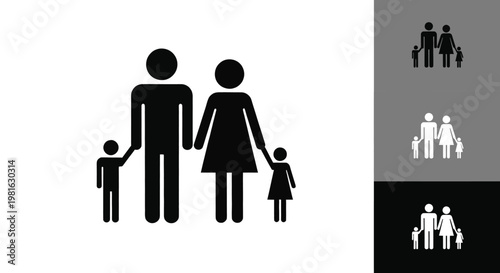 Simple black vector graphic design showing a happy family unit with father mother son and daughter