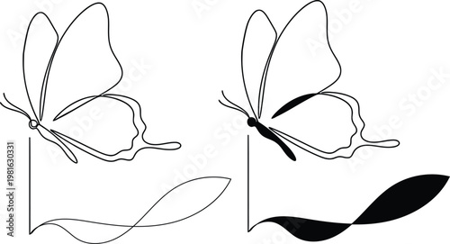 Black and white butterfly illustration with separate wing and leaf elements