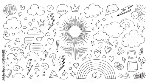 Tableau sur toile Vector graphic illustration of a variety of whimsical doodles and symbols includ
