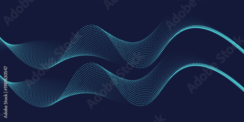 Flowing dots particles wave pattern in blue green colors. Vector curve light line. Abstract background banner design for music, Ai technology, neural network concept