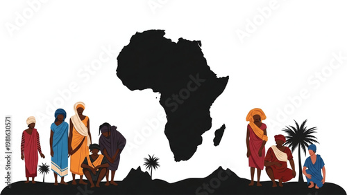 Illustration of diverse African people standing on a hill with a map of Africa in the background.