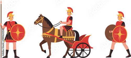 Cartoon vector illustration of ancient soldiers in red and gold armor with spear, shield, horse chariot and military formation design