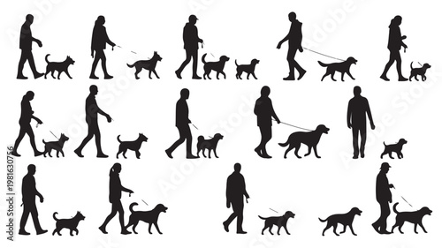 Canvas Print Vector graphic illustration of people walking dogs in various poses and styles