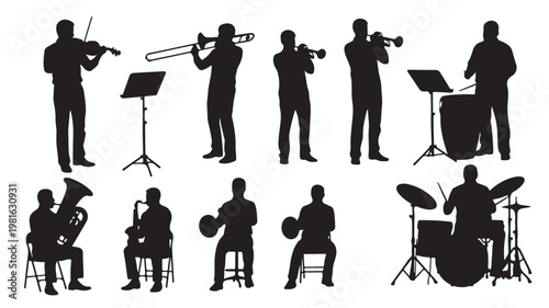 Bild auf Leinwand Silhouette illustration of musicians playing various musical instruments