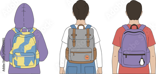Cartoon vector illustration of backpacks showing different styles with geometric patterns, straps, keychain accessories and casual lifestyle design