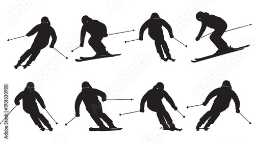 Photos Eight black silhouettes of skiers in various positions on a white background, showcasing different skiing techniques and movements in a vector graphic illustration