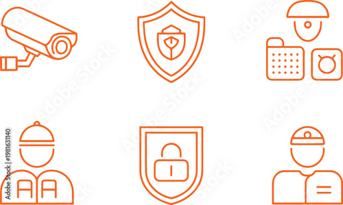 Orange security camera shield lock with worker vector art for digital media and print projects.