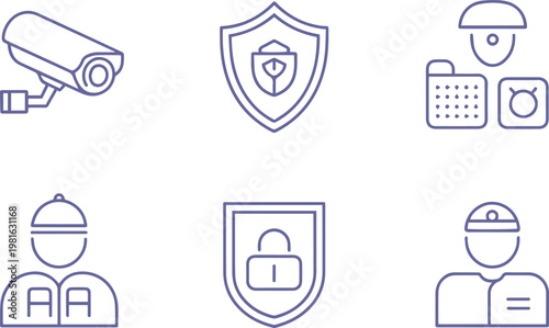 Blue security camera shield lock with worker vector art for digital media and print projects.