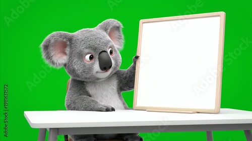 Adorable 3D Rendered Cartoon Koala Character Sitting at a White Table Gesturing Towards a Blank White Board with a Green Screen