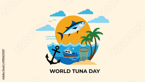 World Tuna Day circular ocean scene vector illustration with jumping fish boat island anchor and sunset marine seafood concept