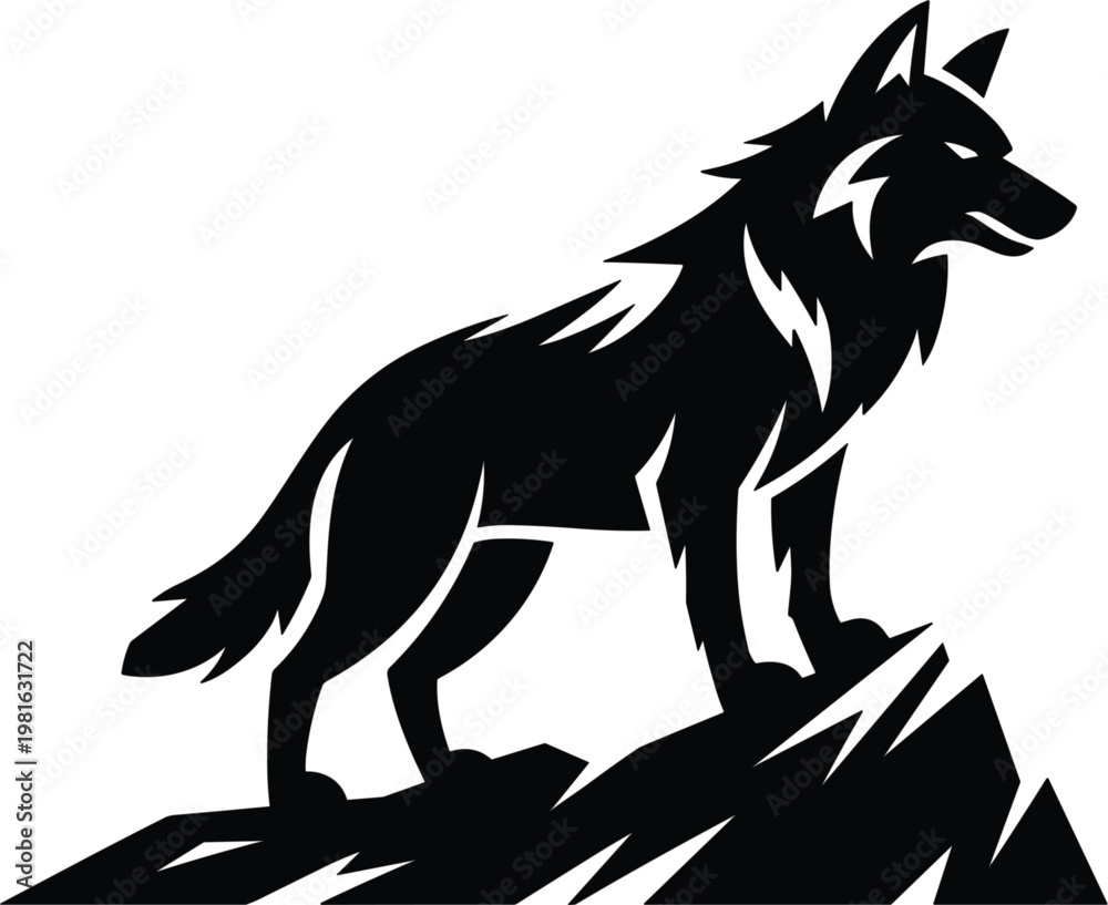Fototapeta premium Wild wolf silhouette standing on mountain rock peak isolated on white background vector illustration design