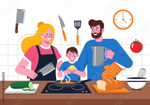 Happy Family Cooking Healthy Meal Together in Kitchen Vector Illustration - Parents and Child Preparing Food with Fresh Ingredients at Home