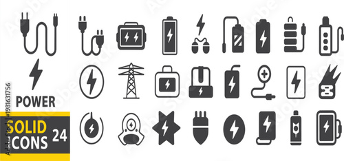 Power and energy solid icon set with battery charging cable electricity and lightning bolt symbols isolated vector