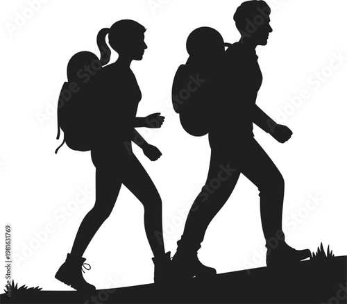 Hiking couple silhouette set with man and woman carrying backpacks walking uphill isolated vector illustration
