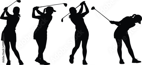 Female golfer silhouette set showing different swing positions and golf club poses isolated vector illustration