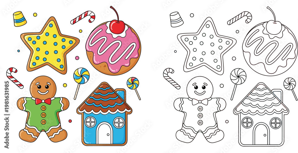 Fototapeta premium Gingerbread Man House and Sweets Collection in Color and Outline for Kids Coloring Page and Christmas Holiday Activity