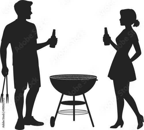 Barbecue party silhouette illustration with man and woman holding drinks near charcoal grill isolated vector design