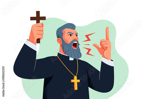 Angry Priest Shouting and Holding a Cross Vector Illustration - Religious Preacher in Furor