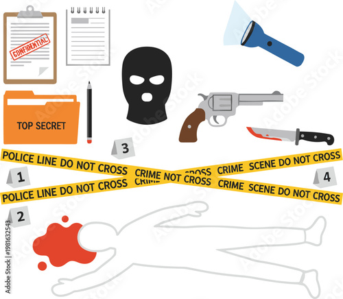 Cartoon vector illustration of crime scene investigation showing chalk outline, police tape, evidence markers and forensic detective tools design