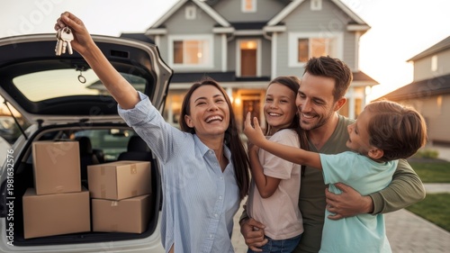Young Family Moving Into New Home at Sunset Holding Keys