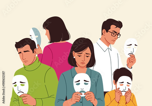 Conceptual Illustration of Diverse People Hiding True Emotions Behind Masks, Representing Mental Health Struggles, Depression, and Social Anxiety