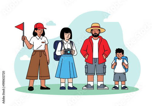 Tour Guide Leading a Family on a Sightseeing Vacation Trip Vector Illustration