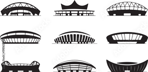 Collection of stadium building silhouettes diverse architectural designs for sports venues vector