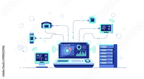 Smart Technology Network: Devices Connected to Central Computer and Server