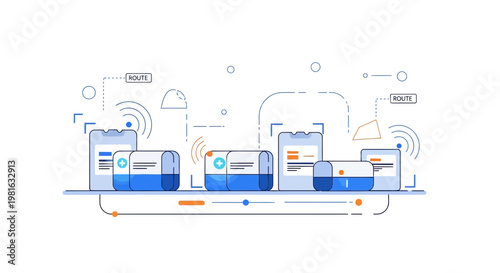 Smart Technology Network: Devices Connected via Wireless Data Transfer and Cloud Services