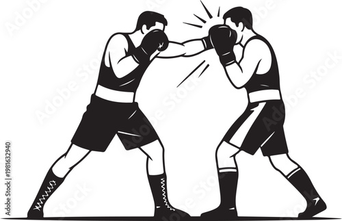 Two boxers fighting in ring silhouette, intense match punch action on transparent background vector