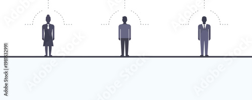 Minimalist illustration depicting diverse individuals maintaining social distance and personal boundaries, each protected by an invisible semi-circle of space.