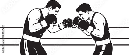 Two boxers fighting in ring silhouette, intense match punch action on transparent background vector