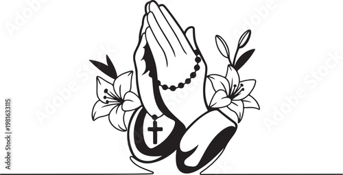 Praying hands with rosary beads and lily flowers silhouette spiritual christian symbol for design work