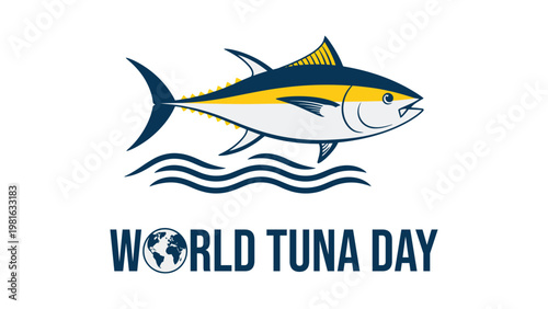 World Tuna Day typography design with detailed tuna fish and ocean wave elements marine awareness seafood vector illustration
