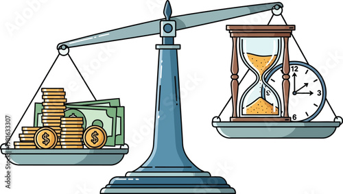 An insightful illustration showing money and time perfectly balanced on a scale, visually representing their equivalent importance and value for decision-making.