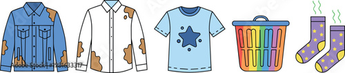 Cartoon vector illustration of dirty clothes with stains, socks odor and laundry basket household washing cleaning design