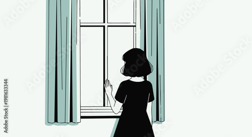 Minimalist Illustration of a Woman Looking Out a Window, Dreamy Lofi Style