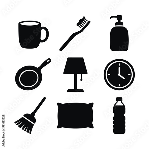 Flat vector icon set of daily household items and home essentials isolated on light background.