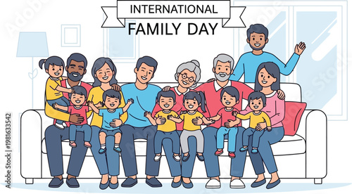 Large happy family sitting together on a comfortable sofa while celebrating the international family day in a bright living room