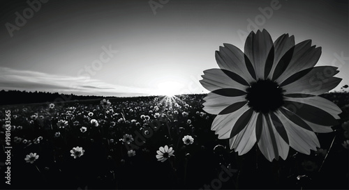 Large White Daisy in Black and White Field at Sunset