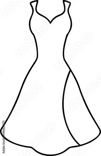 Sleek outline drawing of a sleeveless V neck A line dress featuring a stylish side panel