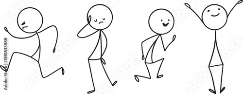 Four simple stick figure vector. portraying various emotions, including anger, sadness, joy, and triumph.
