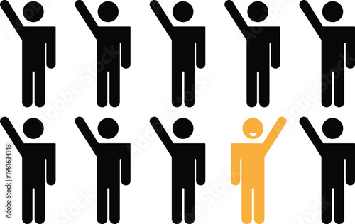 Vector graphic illustration of a unique orange figure smiling, raising hand in crowd.